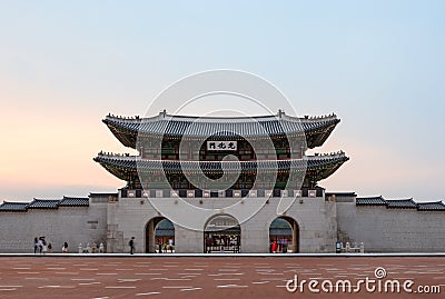 GwangHwamun at sunset, the main gate to Gyeongbokgung Palace, the main and most important royal palace during the Joseon Dynasty, Editorial Stock Photo