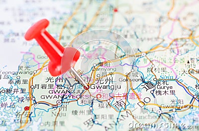 Gwangju, a South Korean city marked by studs on the map Editorial Stock Photo