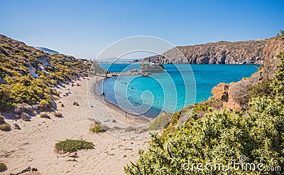 Gyali island beach with tourist ship. Boat tour from Kos, Greece Stock Photo