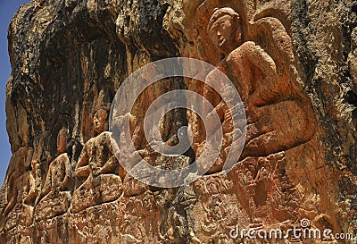 Gyalwa Ringna 5 Dhyani Buddha rock statue which is located in Padum Stock Photo
