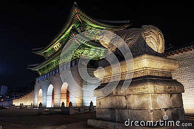 Gyeongbok Palace with Haechi at night Stock Photo