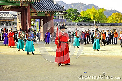 Gyeongbokgung Palace changing of guards show at the Imperial Palace of South Korea Editorial Stock Photo