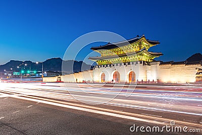 Gyeongbokgung Palace, front of Palace gate in downtown Seoul, South Korea. Name of the Palace `Gyeongbokgung Stock Photo