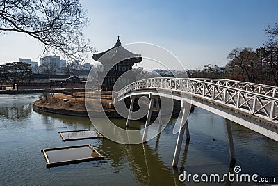 Gyeongbokgung Palace and Hyangwonjeong Pavilion with Chwihyang bridge during winter morning at Jongno-gu , Seoul South Korea : 8 Editorial Stock Photo