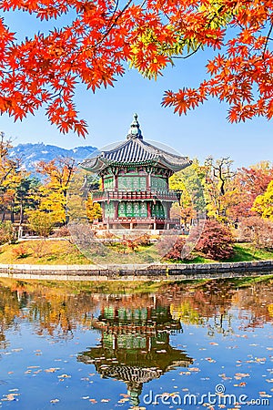 Gyeongbukgung and Maple tree in autumn in korea Stock Photo