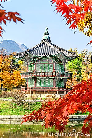 Gyeongbukgung and Maple tree in autumn in korea Stock Photo