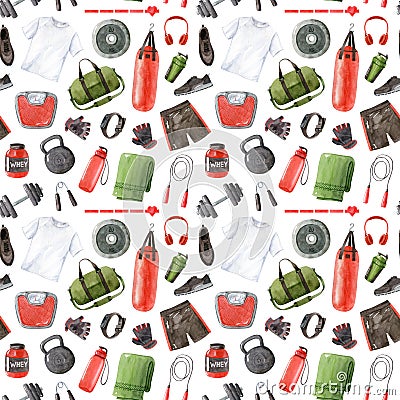 Gym accessories and equipment-watercolor seamless pattern Cartoon Illustration