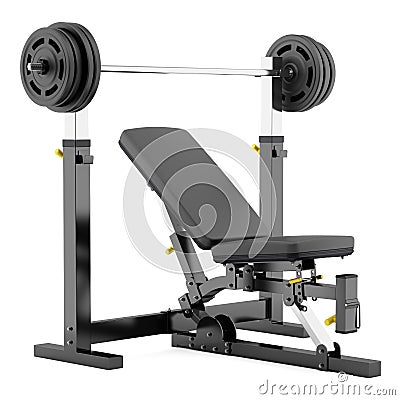 Gym adjustable weight bench with barbell isolated on white Stock Photo