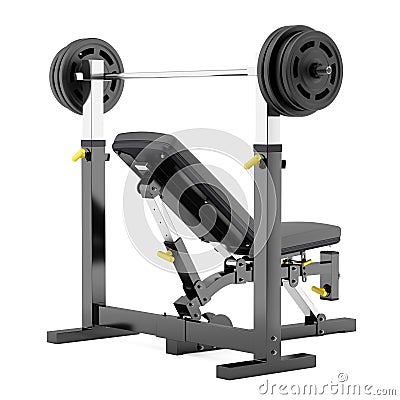 Gym adjustable weight bench with barbell on white Stock Photo