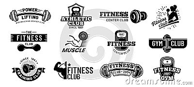 Gym badges. Bodybuilding stencil label, fitness monochrome silhouette badge and athlete muscles vector illustration set Vector Illustration