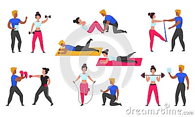 Gym coach. Personal workout fitness trainer, cartoon characters doing sport exercises and cardio and weightlifting Vector Illustration