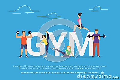 Gym concept vector illustration of young people doing workout with equipment Vector Illustration