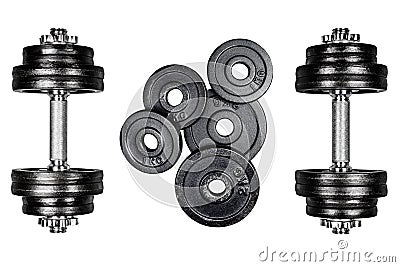 Gym dumbbells with black metal weights 1kg and 2kg, isolated on white background with clipping path. Top view, flat lay. Can be us Stock Photo