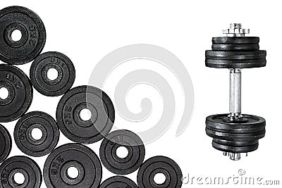 Gym dumbbells with black metal weights 1kg and 2kg, isolated on white background with clipping path. Top view, flat lay. Can be us Stock Photo