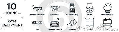 gym.equipment linear icon set. includes thin line jumping equipment, water machine, training gloves, treadmill machine, trellis, Vector Illustration
