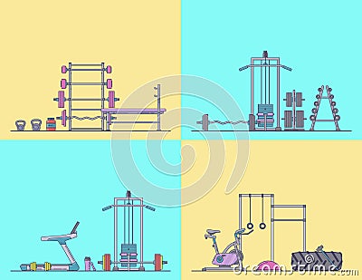 Gym equipment set. Various fitness accessories collection. Bodybuilding and crossfit equipement isolated. Flat style. Vector Illustration