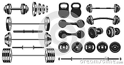 Gym equipment silhouette. Fitness sport, heavy weight barbell and vintage bodybuilding stencil vector illustration set Vector Illustration