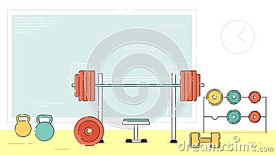 Gym exercise equipment room interior indoor set. Linear stroke outline flat style vector icons. Monochrome cycle bike Vector Illustration