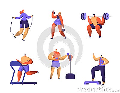 Gym Fitness Character Set. Sport Cardio Workout Man and Woman Figure Collection. Healthy Aerobic Weightlifter, Boxer Vector Illustration