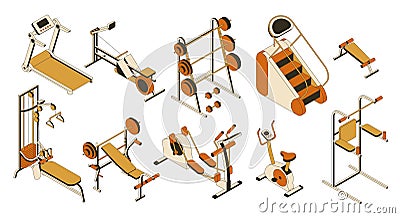 Gym and fitness club equipment collection. Isometric set of training apparatus Vector Illustration