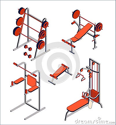 Gym and fitness club equipment collection. Isometric set of training apparatus Vector Illustration