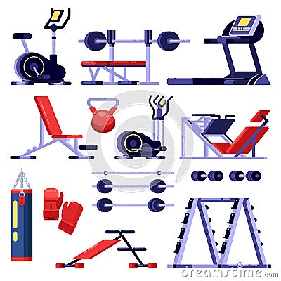 Gym and fitness club equipment set. Training apparatus, vector isolated illustration. Bodybuilding machines icons Vector Illustration