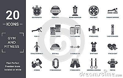 gym.and.fitness icon set. include creative elements as big stopwatch, pushups exercises, fitness wheel, dumbbells bar, fitness Vector Illustration