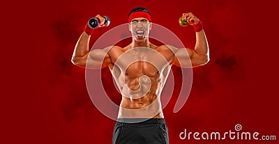 Happy man athlete with dumbbell on red background. Gym full body workout. Muscular man athlete in fitness gym have havy Stock Photo