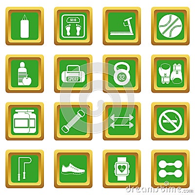 Gym icons set green Vector Illustration