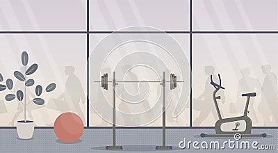 Gym interior without people against the backdrop of the hurrying business people in the large windows.Training equipment: an Vector Illustration