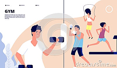 Gym landing. People doing fitness exercises, cardio training and weight lifting in gym. Online vector workout web page Vector Illustration