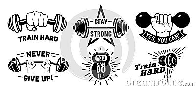 Gym motivation quotes. Fitness inspirational, strong bodybuilding and dumbbell in hand vector illustration set Vector Illustration