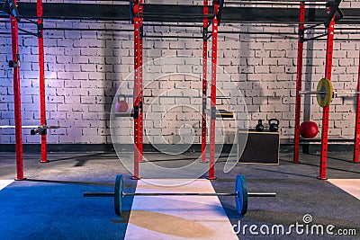 Gym nobody with barbells kettlebells and bars Stock Photo