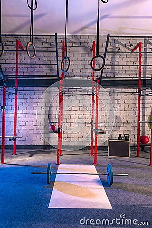 Gym nobody with barbells kettlebells and bars Stock Photo