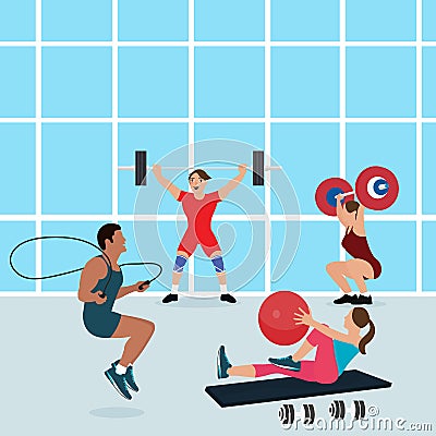 Gym people workout together fitness center exercise man woman health fit indoors Vector Illustration