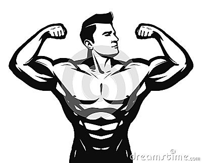 Gym, sport, bodybuilding logo or label. Strong man with big muscles. Vector illustration Vector Illustration