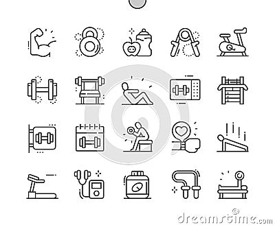 Gym. Sports hall. Sport exercise. Training apparatus. Fruits and drinks. Vector Illustration