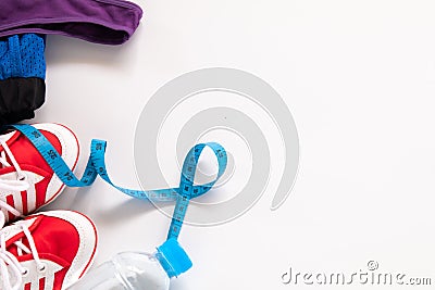 Gym stuff lifestyle exercise at home on white background with copy space concept sneaker exercise healthy lifestyle sport or Stock Photo