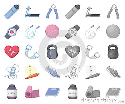 Gym and training cartoon,mono icons in set collection for design. Gym and equipment vector symbol stock web illustration Vector Illustration