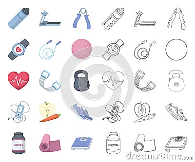 Gym and training cartoon,outline icons in set collection for design. Gym and equipment vector symbol stock web Vector Illustration