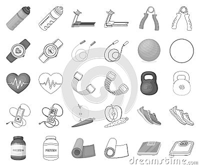 Gym and training monochrome,outline icons in set collection for design. Gym and equipment vector symbol stock web Vector Illustration