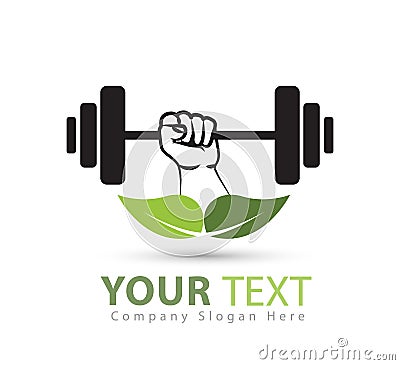 Gym weightlifting and fitness logo with green leaf vector logo, retro stylized vector logo Stock Photo