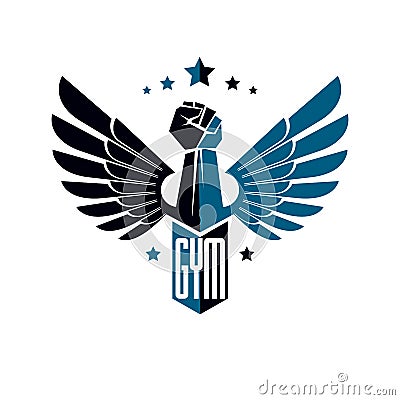 Gym weightlifting and fitness sport club logo, retro style vector emblem with wings. With barbell and strong hand fist. Vector Illustration