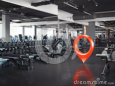 Gym with white walls and dark floor with red geotag, 3d rendering Stock Photo
