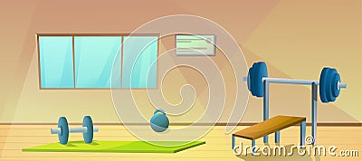 Gym with window. Sport interior with barbells. Healthy gymnastic. Fitness room. Vector Stock Photo