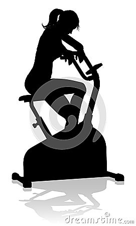 Gym Woman Silhouette Stationary Exercise Spin Bike Vector Illustration