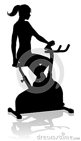 Gym Woman Silhouette Stationary Exercise Spin Bike Vector Illustration