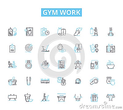 Gym work linear icons set. Cardio, Strength, Weights, Resistance, Endurance, Flexibility, Mobility line vector and Vector Illustration