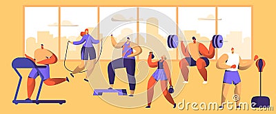 Gym Workout Character Set. Sport Cardio Fitness Man and Woman Figure Collection. Healthy Aerobic Weightlifter, Boxer Vector Illustration