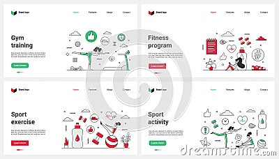 Gym workout, fitness program with coach, exercise, sports activity and tiny people Vector Illustration